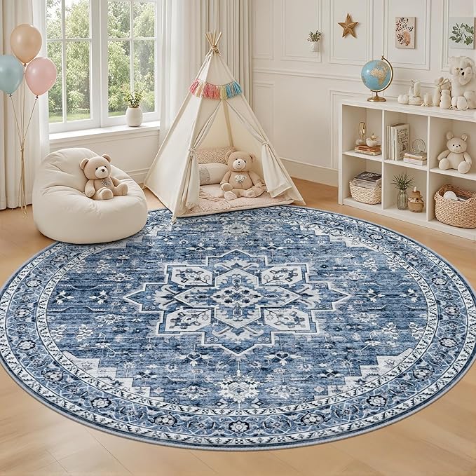 Round Area Rug for Living Room: 4ft Washable Rug for Bedroom Blue | Vintage Boho Soft Round Rug Indoor Floor No Slip Carpet Stain Resistant Rugs for Bedroom Dining Room Nursery Home Office