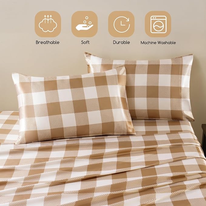 MR&HM Satin Sheets Queen Size with Elastic Corner Straps, Latte Check | Similar to Silk, 4-Piece Silky Soft Bed Sheet Set, Gentle on Skin and Hair, 15" Deep Pocket, Cooling & Breathable