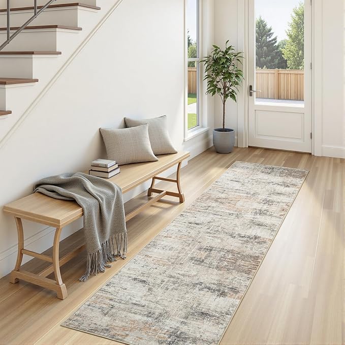 2X8 Area Rug for Hallways, Gold Abstract Washable Non-Slip Runner Rugs | Low Pile Runner Rugs, Soft Carpet for Kitchen Bathroom Bedroom Laundry, Stain Resistant Foldable Non-Shedding Distressed Rug
