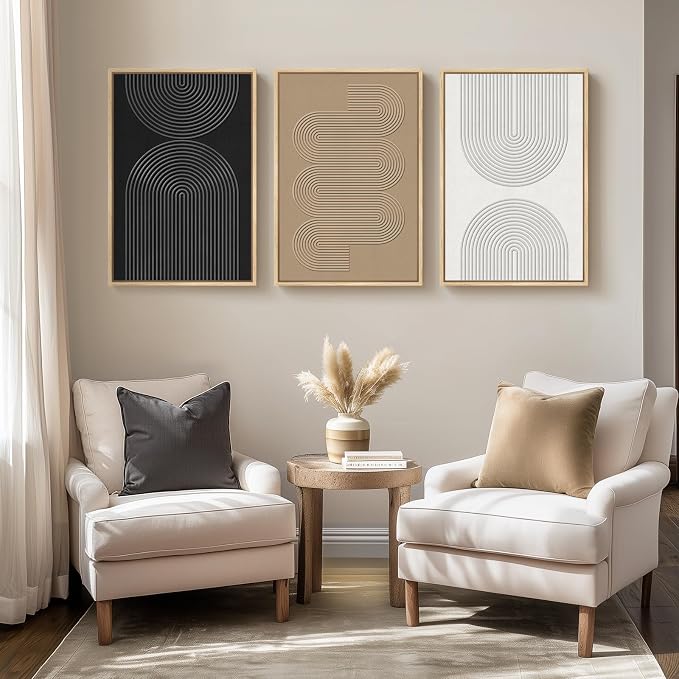 Framed Boho Abstract Wall Art Set, 3 Piece Modern 3D Artwork, 16x24 In | Solid wood frame, Textured paintings, Neutral black white brown geometric sculpture, Bedroom dining room office wall decor