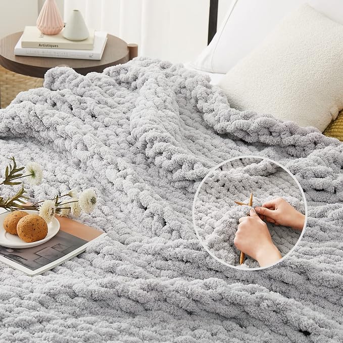 L'AGRATY Chunky Knit Throw Blanket for Couch, 50'' x 60'' Knit Throw, Grey | Handmade Chenille Crochet Blanket for Sofa Bed, Thick Cable Knitted Blankets for Room Home Decor, Birthday Gift for Women Mom