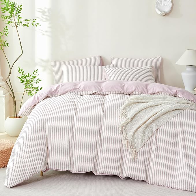 Light Purple Queen Size Comforter Set Striped Soft Luxury Washed Microfiber Jacquard 3 Pieces Bedding, Purple Vertical Ticking Stripes Comforter with 2 Pillowcases Breathable Durable Comfy