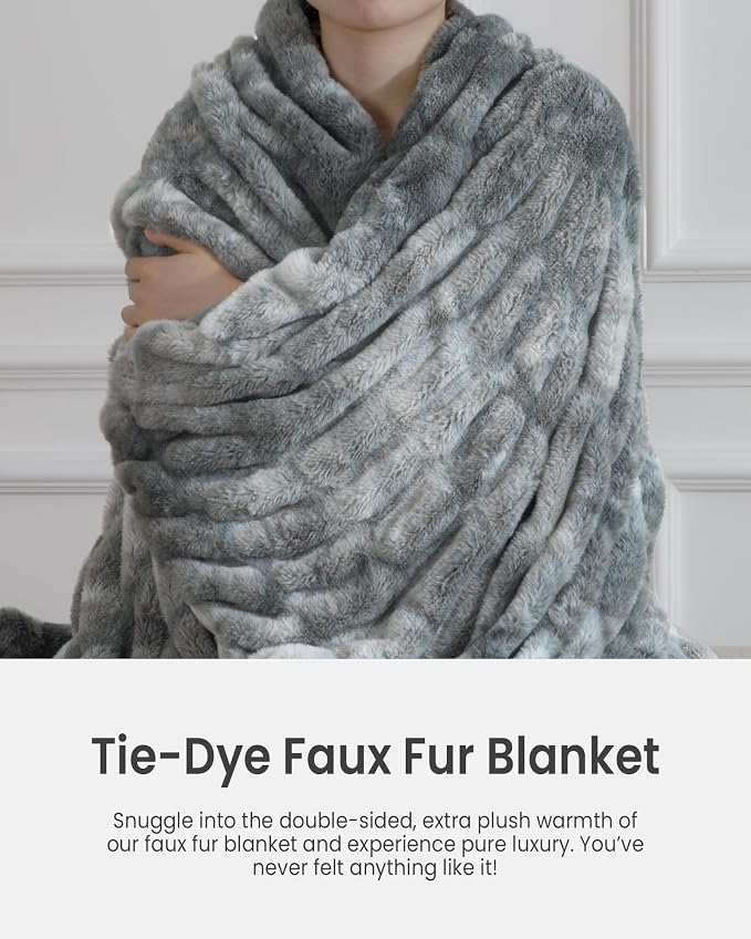 Ultra Soft Cozy Faux Fur Throw Blanket, Fuzzy Plush Thick Bubble Blanket, Luxury Fluffy Blanket for Couch, Sofa, Bedroom, and Living Room, 60x80 Inches,Tie-Dye Gray