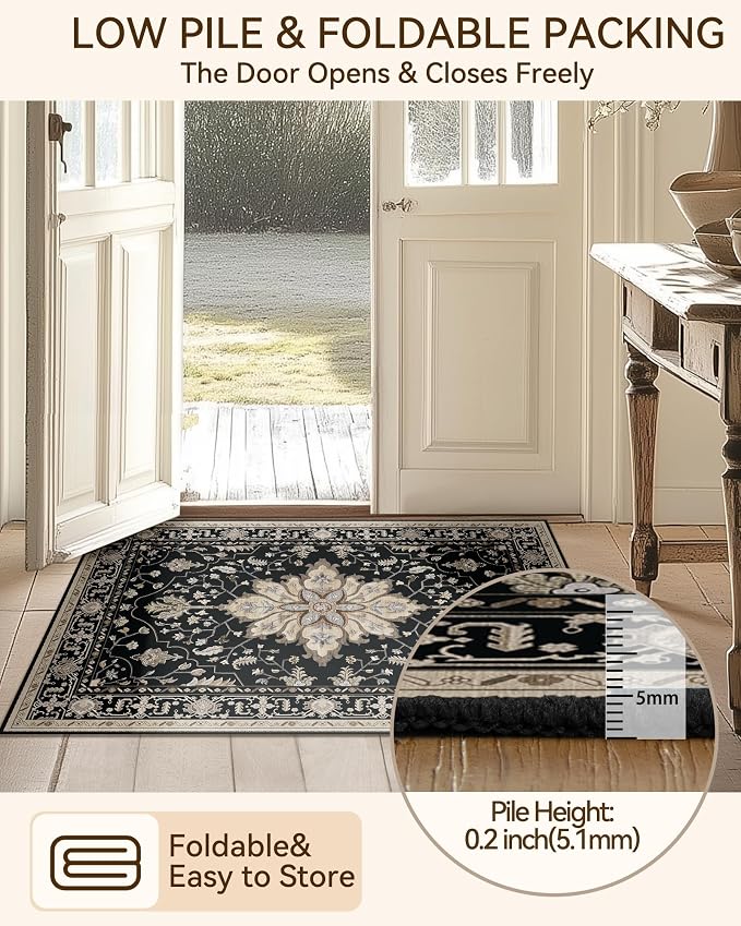 RELEANY Washable Area Rug, Runner 2'x6', Black/Neutral | Non-Slip, Water Repellent, Pet Friendly, Easy to Clean, Vintage Floral Boho Decor for Kitchen Entry Bedroom Bedside Laundry