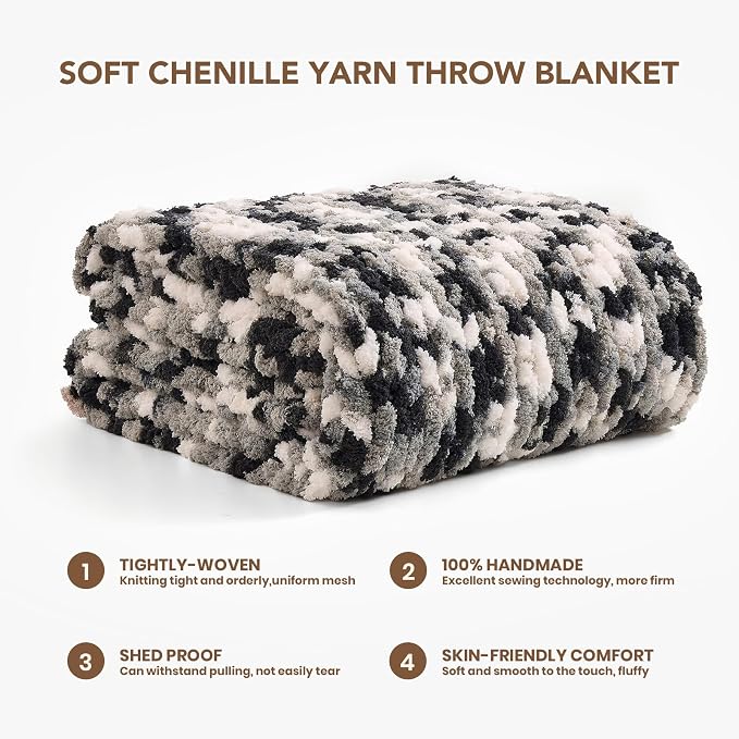 L'AGRATY Chunky Knit Throw Blanket for Couch, 50 x 60 Inches, Black White | Handmade Chenille Crochet Blanket for Sofa Bed, Thick Cable Knitted Blankets for Room Home Decor, Birthday Gift for Women Mom