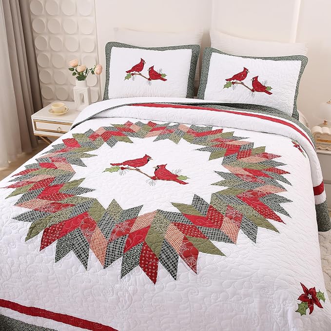 vctops 3 Pieces Christmas Cotton Quilted Quilt Set (Birds,Oversize Queen) | Vintage Cardinal Patchwork Bedspread Coverlet Soft Lightweight Bedding Sets 1 Quilt with 2 Pillow Shams