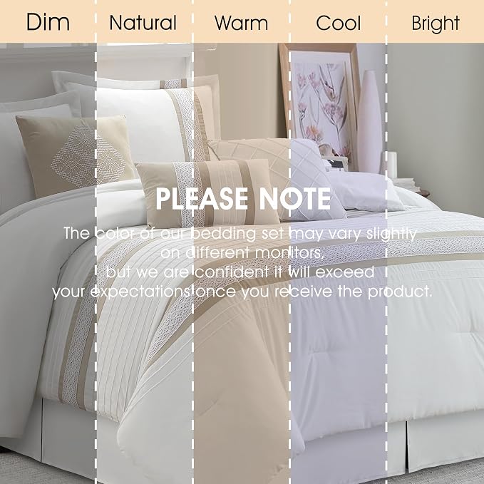 7 Piece Comforter Set, Taupe White, King Size, Boho Style Geometric Microfiber Embroidery, Bed in a Bag with Bedskirt, Pillow Shams and Decor Pillows