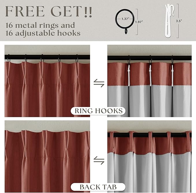 Firebrick Pinch Pleated Blackout Linen 45 Inch Curtains with Liner 2 Panels | Memory Trained, Thermal Insulated, UV Blocking, Noise Reducing, Room Darkening, 100% Black Out Short Curtains for Kitchen