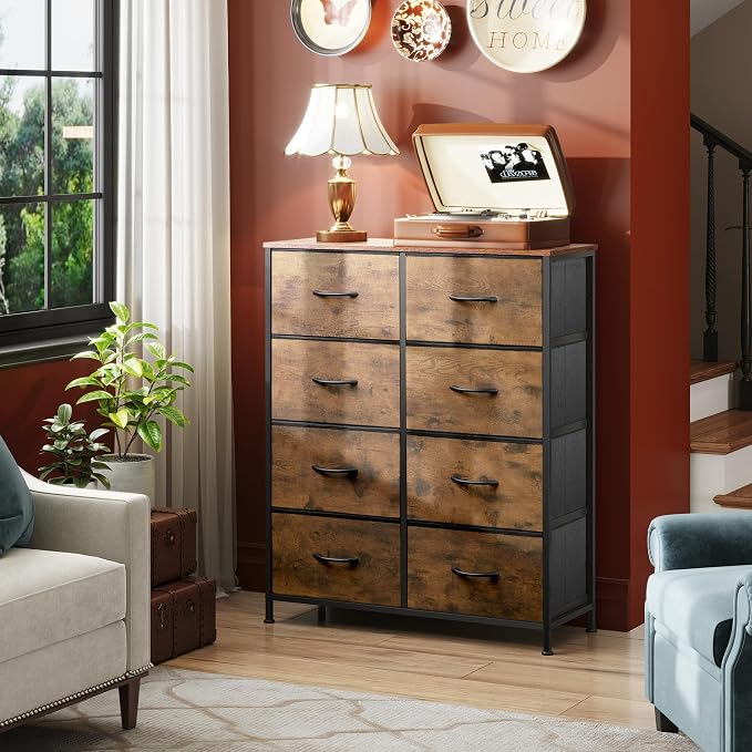 WLIVE 8 Drawer Fabric Dresser for Bedroom, Tall Storage Tower, Rustic Brown | 8-drawer tall storage tower with fabric bins and wood tabletop, breathable non-woven, perfect for bedroom closet dorm