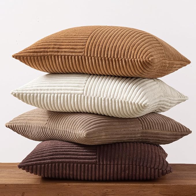 MIULEE Brown Throw Pillow Covers 20x20 Inch Set of 4 Boho Farmhouse Cushion Cases Neutral Gradient Corduroy Pillow Cases with Invisible Zipper Patchwork Home Decor for Couch Sofa Bed