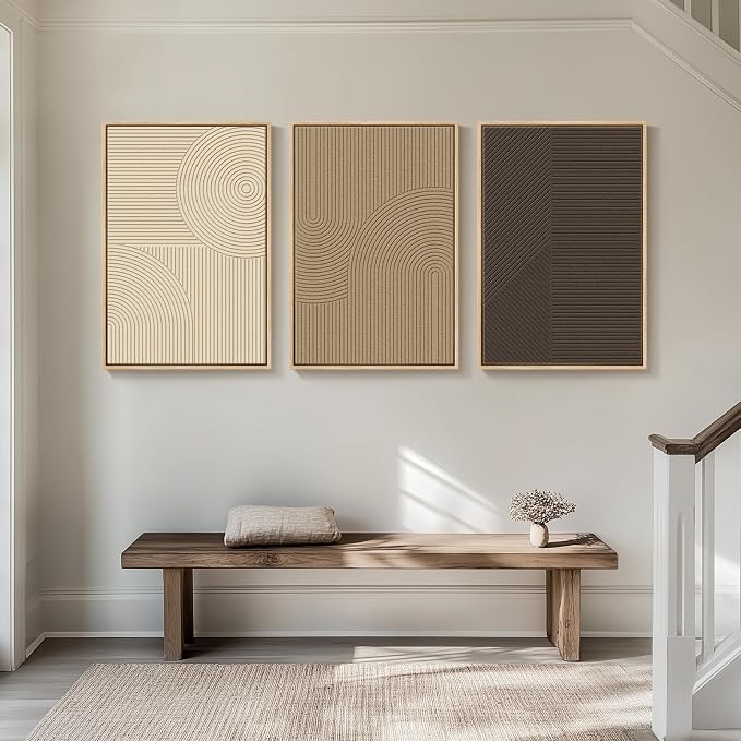Large 3D Framed Neutral Abstract Wall Art for Living Room, 3 Piece 24x36 In | Solid Wood Frame, Textured Paintings, Beige Brown Tan Geometric Sculptural, Pictures Wall Decor Living room Bedroom Office