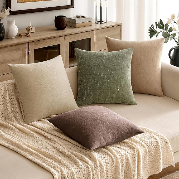 MIULEE Textured Chenille Throw Pillow Covers 18x18 Inch Olive Green | Pack of 2 Decorative Soft Throw Pillows, Solid Textured Cushion Covers, Modern Home Decor for Couch Sofa Bedroom Living Room