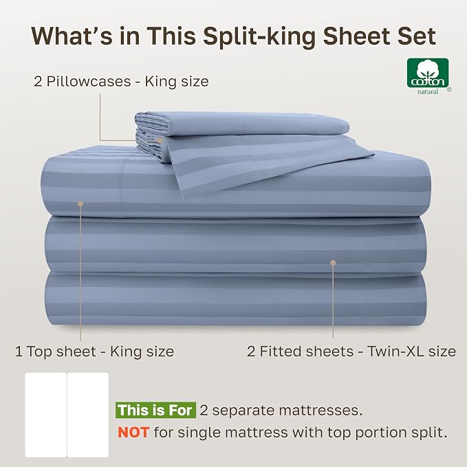 California Design Den 100% Cotton Sateen Split King Bed Sheets Set, 5 Pcs | 500 Thread Count with Good Housekeeping Seal, Split King Sheets Sets for Adjustable Bed with 2 Separate Twin-XL Mattresses