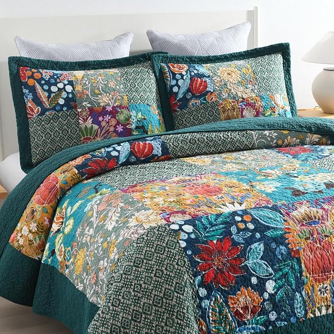 ENASAL Cotton Bedspread Quilt Sets Reversible Bedding Coverlet Sets Comforters, Patchwork Vintage Floral Turquoise Bedspread, Queen Size
