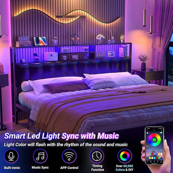 Aheaplus Headboard for King Size Bed with Storage, Upholstered Headboards | with Outlets, USB Ports and LED Light, Reversible King Size Head Board, Height Adjustable, Comfortable Headboard, Black