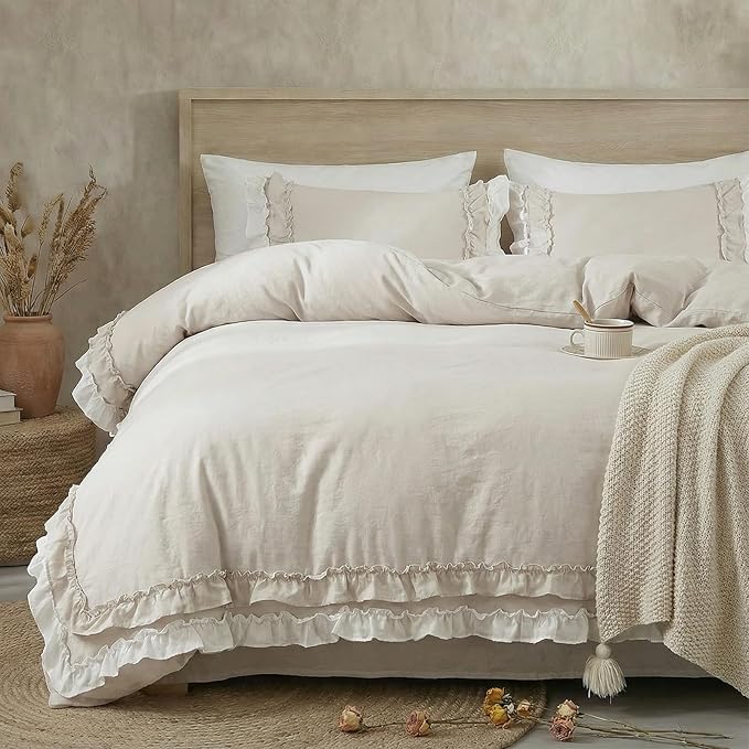 Bedorm Beige Duvet Cover Set Twin Ruffle Bedding Set Pleat Ruffled Shabby Chic Comforter Cover Extra Soft & Easy Care White Boho Duvet Cover with Zipper Closure