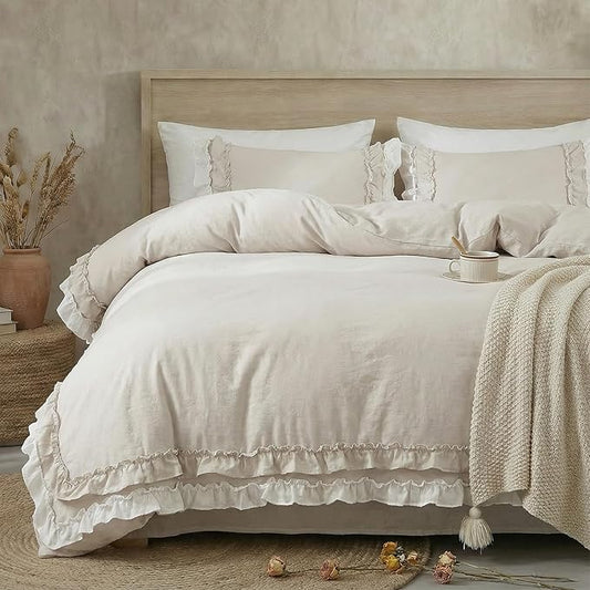 Bedorm Beige Duvet Cover Set Twin Ruffle Bedding Set Pleat Ruffled Shabby Chic Comforter Cover Extra Soft & Easy Care White Boho Duvet Cover with Zipper Closure