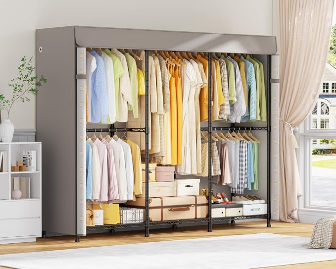 ULIFHOME E14C Pro Heavy Duty Closet Organizer System (Brand Custom) | Freestanding Adjustable Garment Racks for Hanging Clothes，69"W × 16"D × 77"H Max 960lbs，Black Rack with Classic Pattern Cover