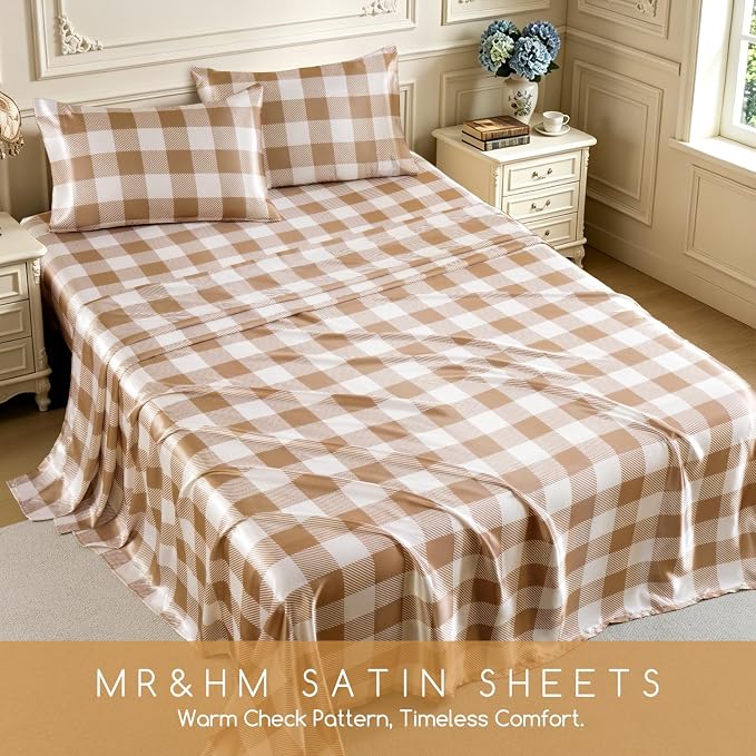 MR&HM Satin Sheets Queen Size with Elastic Corner Straps, Latte Check | Similar to Silk, 4-Piece Silky Soft Bed Sheet Set, Gentle on Skin and Hair, 15" Deep Pocket, Cooling & Breathable