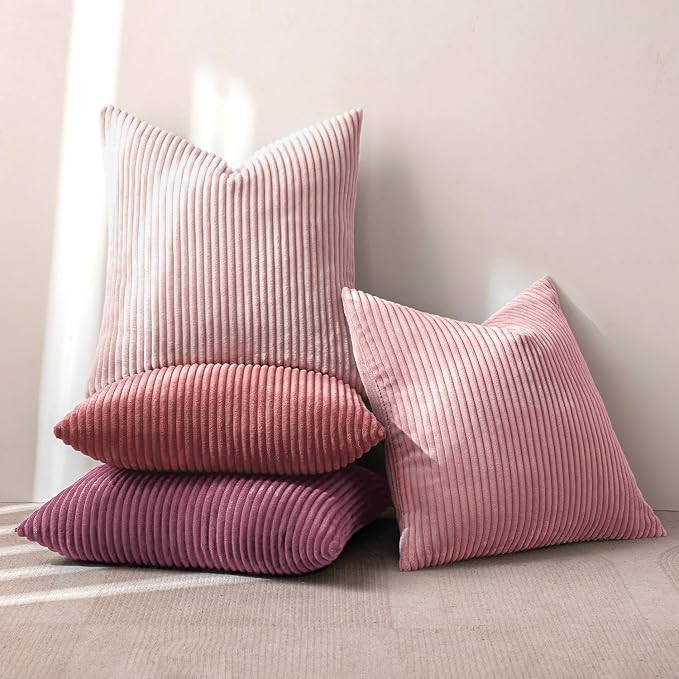 MIULEE Soft Corduroy Decorative Throw Pillow Covers Purple Pink 18x18 | Set of 4, Shabby Chic Romantic Decor, Pink Gradient Matching, Boho Farmhouse Cushion Covers for Couch Bed Sofa Living Room