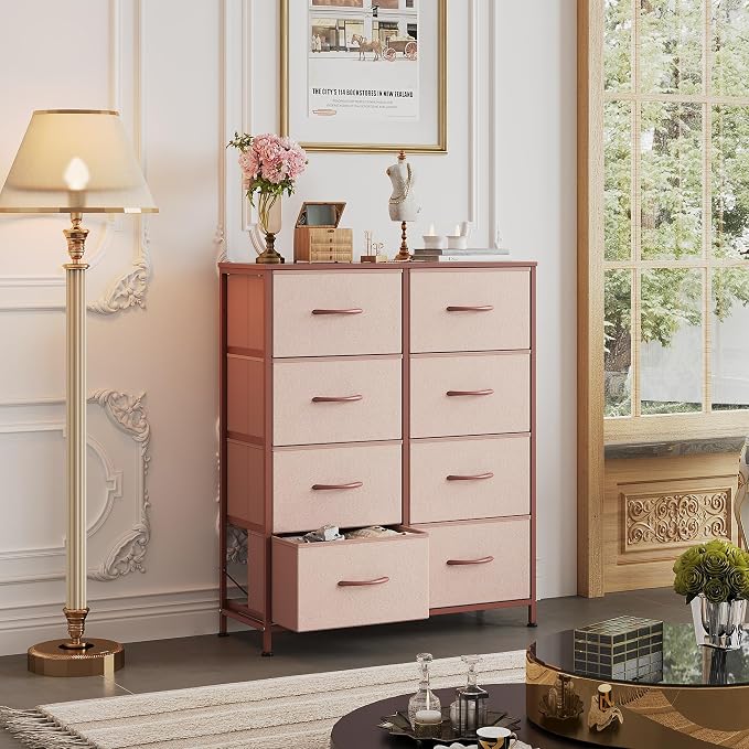 WLIVE Fabric Dresser for Bedroom, Tall Dresser with 8 Drawers, Storage Tower with Fabric Bins, Double Dresser, Chest of Drawers for Closet, Playroom, Dormitory, Pink and Rose Gold | Pink 8-drawer tall storage tower with fabric bins and wood tabletop, b...