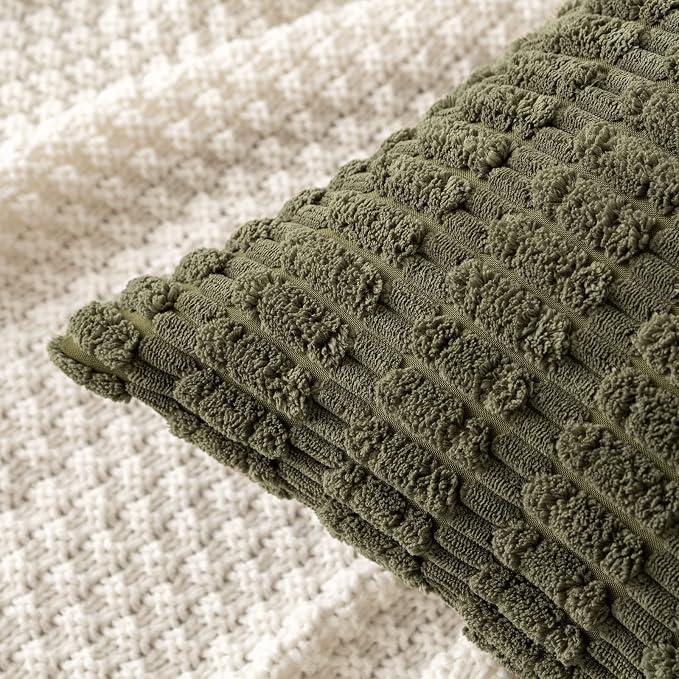 MIULEE Euro Sham Corduroy Decorative Throw Pillow Covers 24x24 Olive Green | Pack of 2 Soft Boho Striped Pillow Covers Modern Farmhouse Home Decor For Sofa Living Room Couch Bed