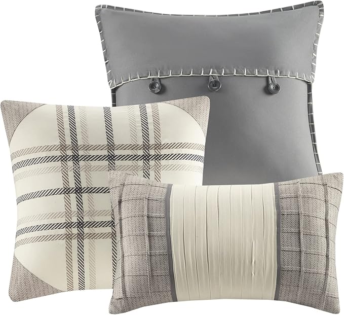 Madison Park Cabin Lifestyle Plaid Quilt Set, 6PC Full/Queen Coverlet | All Season, Luxurious Coverlet Bedspread Lightweight Bedding Layer, Shams, Decorative Pillow, Neutral