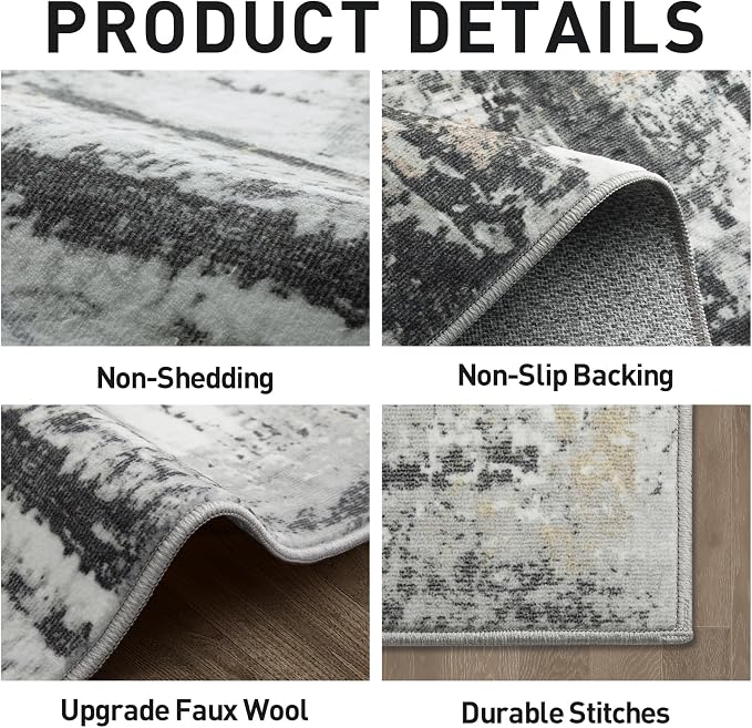 8x10 Area Rugs for Living Room: Washable Abstract Black Grey Gold Carpet | Non-slip TPE backing makes this washable soft low-pile rug safe & durable, Pet-friendly decor for dining room,nursery,office