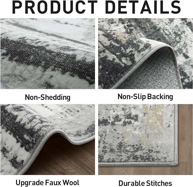 5x7 Area Rugs for Living Room: Washable Abstract Black Grey Gold Carpet | Non-slip TPE backing makes this washable soft low-pile rug safe & durable, Pet-friendly decor for dining room,nursery,office