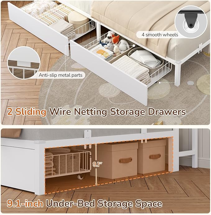 DICTAC Twin Corner Bed Frame with 2 Storage Drawers and Bookcase Headboard,Twin Size Metal Platform Bed Frame with Charging Station and Led Lights,Modern Twin Daybed for Kids,Teen and Guests,White