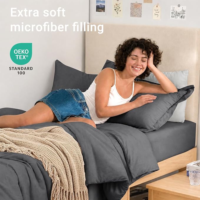 5 Pieces Twin XL Comforter Set, Soft Bed in a Bag Twin XL Size, All Season Bedding Set with Comforter, Flat Sheet, Fitted Sheet, Pillowcases & Shams, Dark Grey