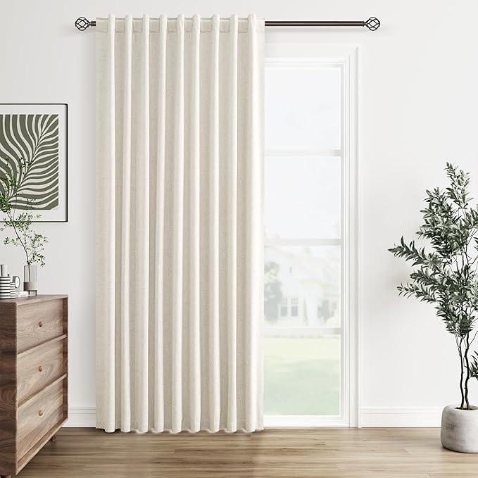 Extra Wide 100% Blackout Linen Curtains for Bedroom 84 Inch Long Natural Cream Black Out Curtain Back Tab Room Darkening Window Drapes for Living Room 1 Panel Beige Ivory 60x84
