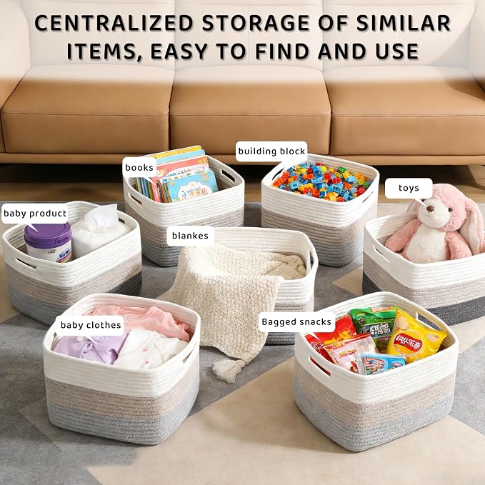 4 Pack Storage Baskets for Organizing, 11''Lx9''Wx8''H Woven Baskets for Storage Toys, Towels, Books, and Clothes, Cotton Rope Basket for Shelves with Handle