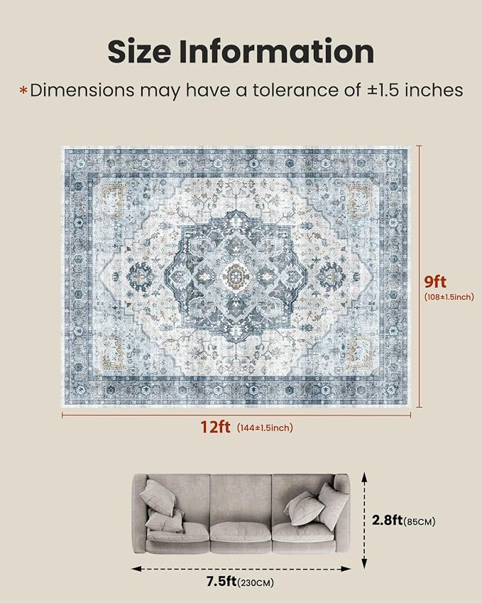 AMADA HOMEFURNISHING 9x12 Area Rug, Washable Low-Profile Large Area Rug with Non-Slip Backing & Durable Edge Binding, Vintage Large Rugs for Living Room, Bedroom