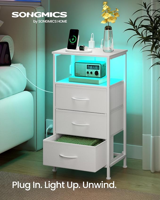 SONGMICS BELLAH Collection - Set of 2 Nightstand with Charging Station and App-Controlled Adjustable LED Lights, Bed Side Tables, 3 Drawers, Cloud White and Snow White ULGS203W101S