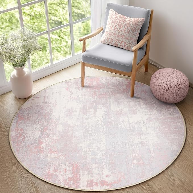 RELEANY Washable Round 8ft Area Rug for Living Room Gray Pink | Carpet for Bedroom, Kitchen, Office, Hallway and Entryway, Printed Pattern, Non‑Slip, Soft, Stain‑Resistant, Easy to Clean