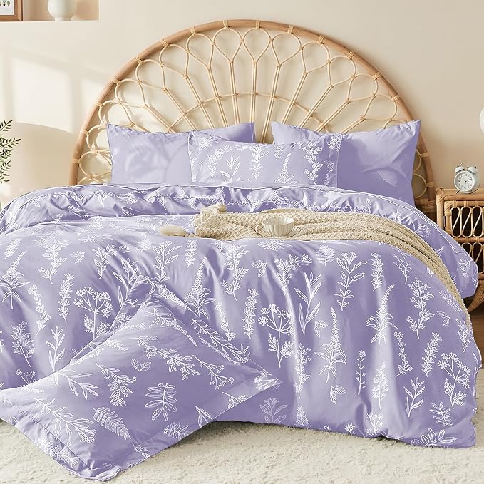 MUXHOMO Duvet Cover King Size, Reversible Floral Lavender Duvet Cover Set with Zipper Closure, 3 Pieces Botanical Patterns Soft Microfiber Bedding Set (90"x104", 2 Pillow Cases 20"×36")