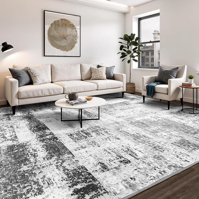 Rugflix 8x10 Area Rugs for Living Room, Washable Grey Large Rug | Machine Washable; Stain-Resistant; Low Pile; Non-Slip; Modern Abstract; Black Carpet for Bedroom Dining Office Nursery Home