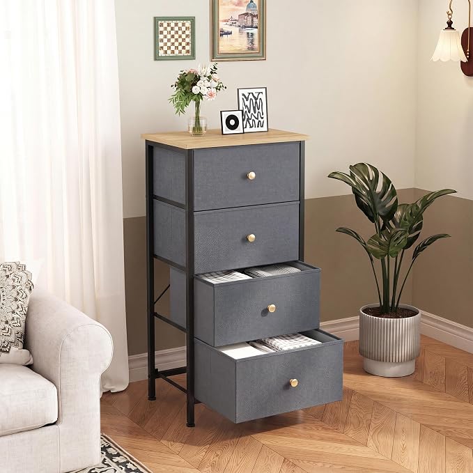 DUMOS Night Stand with 4 Drawers, Bedside Table for Bedroom | Nightstand with Removable Fabric Bins, Steel Frame with Wood Top, Small Storage Tower for Bedroom Closet, Dusty Blue