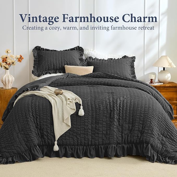 JOLLYVOGUE Black Twin/Twin XL Comforter Set, 2 Pieces Seersucker Lightweight Fluffy Bedding Set, Twin Ruffle Comforter, All Season Soft Microfiber Shabby Chic Bed Set