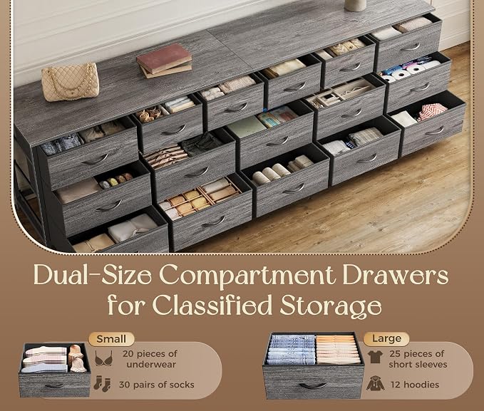 Huuger 77.6" Long Dresser for Bedroom, 16 Drawer Fabric Dresser for Closet, Wide Chest of Drawers with Storage, TV Stand for 65, 75, 85 Inch TV, 77.6" W x 13" D x 26.4" H, Grey