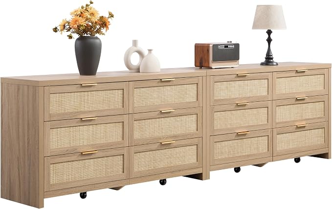 SICOATS Rattan Dressers for Bedroom Set 2, Large 6 Drawer Dresser | Long Chest of Drawers, Dresser Farmhouse TV Stand for Bedroom, Living Room, Nursery, Closet, Reclaimed Light Oak, 2 Pieces