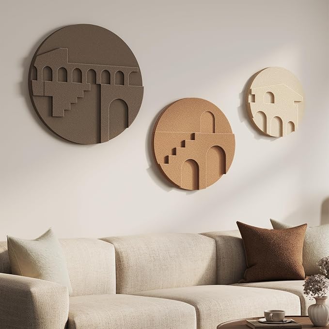 3D Textured Round Neutral Abstract Boho Wall Art for Living Room, 3 Piece | Modern Minimalist Geometric Sculpture Artwork for Walls, Bohemia Earth Tone Paintings, Bedroom Dining Room Office Wall Decor