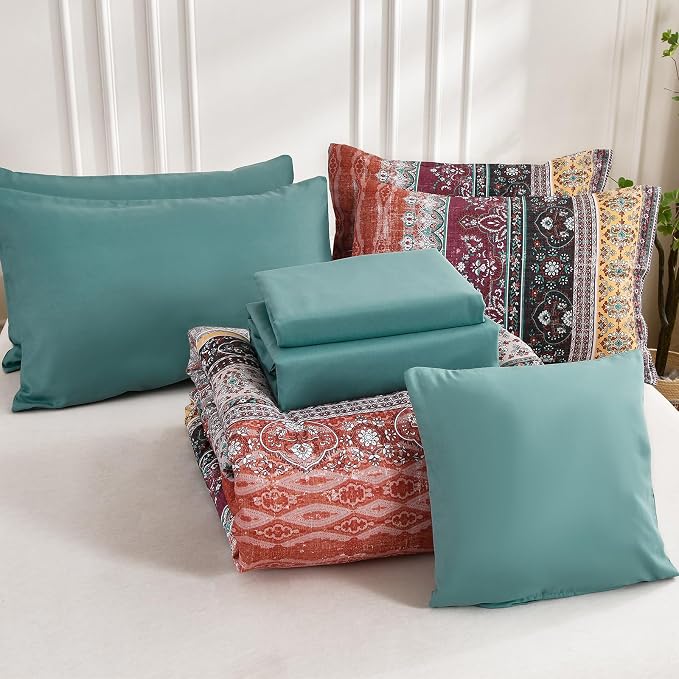 Cottolester Boho King Size Comforter Set 8 Pieces, Orange and Green Bohemian Striped Bed in a Bag, Paisley Soft Microfiber Bedding Comforter Set