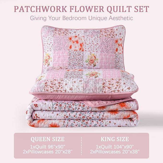Mybedsoul Pink Quilts Queen Size, Patchwork Floral Reversible Bedding Set | Soft Lightweight Microfiber Coverlet Set, 3 Pieces Plaid Bedspread, Bed Sets for All Seasons 96"x90"
