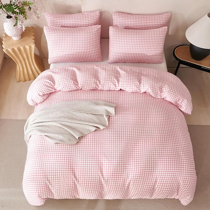 Comforter King Set Pink Grid Soft Luxury Washed Microfiber 3 Pieces Bedding, White Pink Grid Pattern Comforter with 2 Pillowcases Breathable Durable Comfy