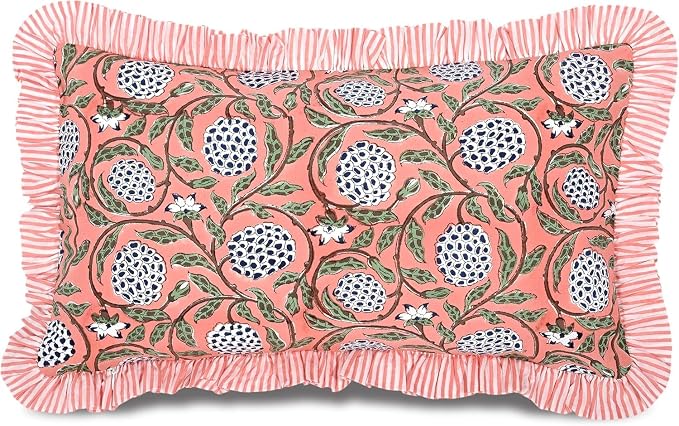 Ridhi Block Print Dark Salmon Pink Ruffle Lumbar Pillow Shams, 20" x 12" | 100% cotton, Floral Pillowcase, Cushion Cover, Hidden Zipper, Cottagecore Bedding, farmhouse boho style, fits couch, sofa,Bed