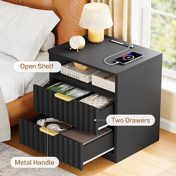 Fluted Nightstands Set of 2, Night Stand with Charging Station and LED Light, Nightstand with Storage Drawer and Open Shelf, Bedside Table for Small Space, Bedroom, Black