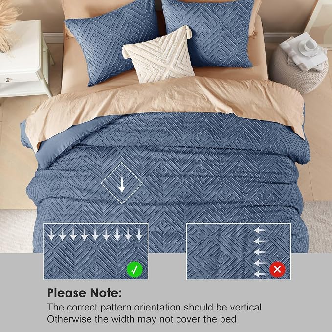 Litanika King Size Comforter Set, 3 Pieces Tufted Boho Bedding Set | Ocean Blue Farmhouse Shabby Chic Vintage Bohemian Textured Aesthetic Soft Fluffy Lightweight Breathable All Season Bed Set