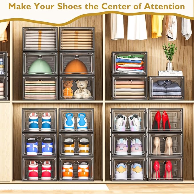 Large Thick Clear Shoe Organizer, Magnetic Door Stackable Shoe Storage Box | Foldable Shoe Storage Boxes for Sneakers & Boots, Space-Saving Closet Shoe Cabinet with Clear Magnetic Door, 9 Pack Black